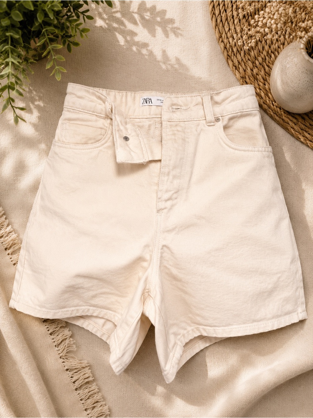 ZARA Off-White High-Rise Denim Shorts